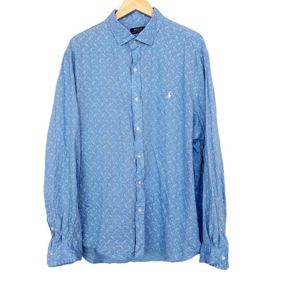 Polo Ralph Lauren Blue Linen Anchor Print Long Sleeve Button Down Sz XXL - Picture 2 of 5